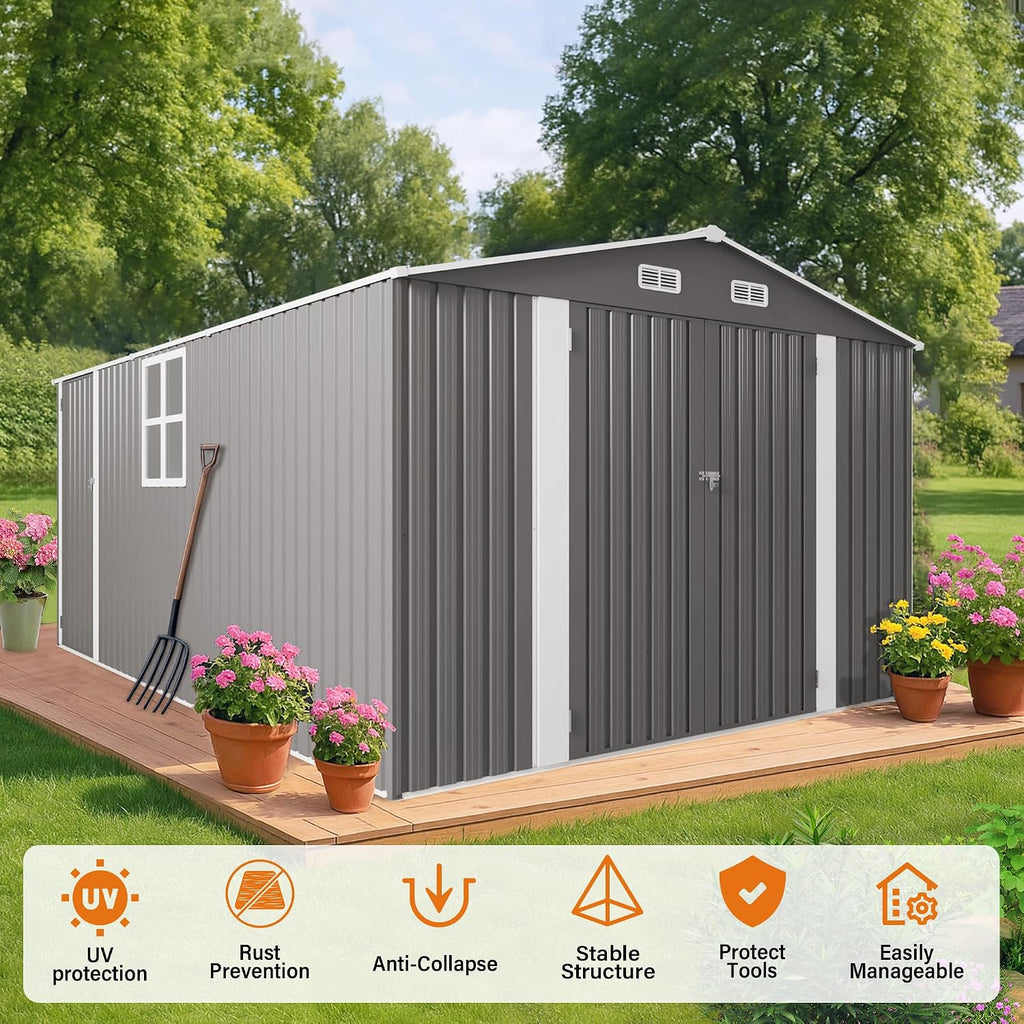 YOPTO 10x14 FT Outdoor Storage Shed,Metal Shed W/ 3 Lockable Doors & Window,Garden Tool House W/ 4 Air Vents & Sloped Roof,All Weather Waterproof for Backyard,Patio,Lawn,Grey