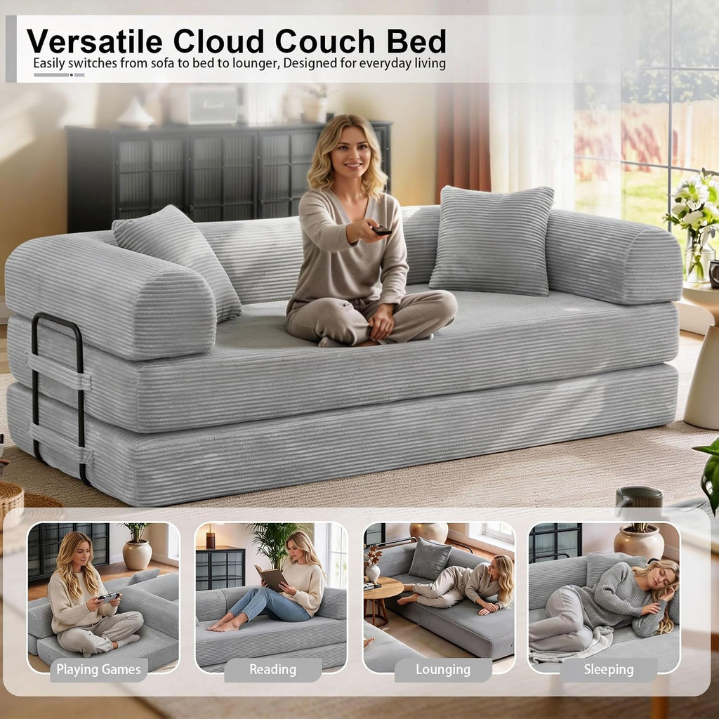JJJ 78 inch Sofa Bed 4-in-1 Boneless Convertible Corduroy Sleeper Folding Couch with Fixed-Shape Frame and 2 Futons No Assemble Required 3 Seater Upholstered for Living Room (Light Grey, 78 inch)