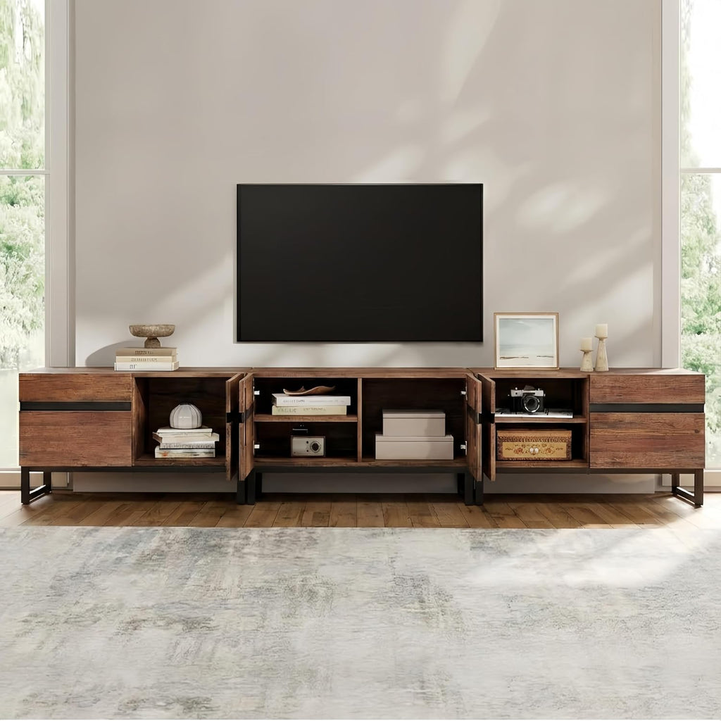 WAMPAT Modern TV Stand for 32-110 Inch TVs, Wood Entertainment Center with Metal Base Storage Cabinets, Media TV Console for Living Room, Brown, 3Pcs