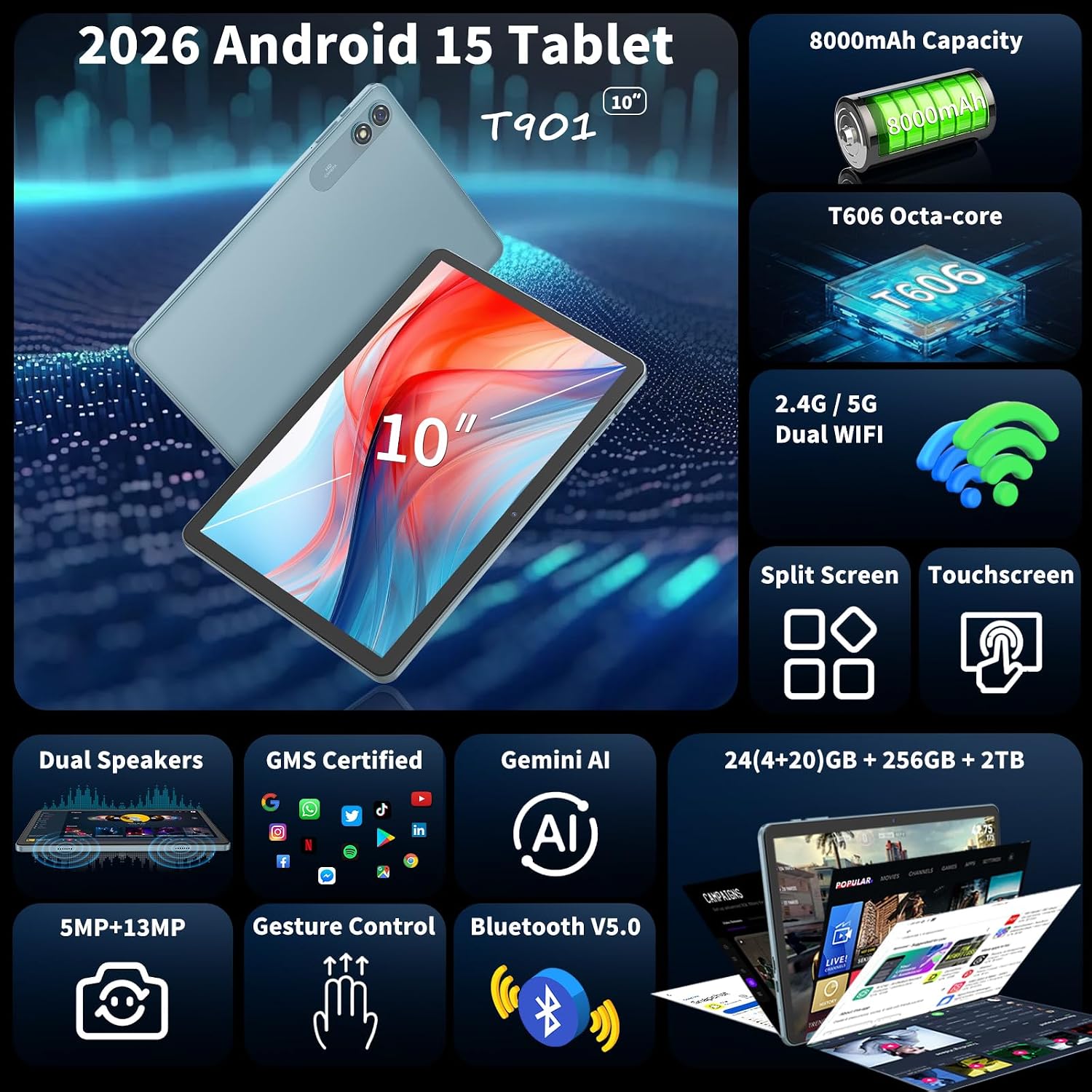 10 inch Android 15 Tablet, 2026 Tablet with Keyboard, 24GB+256GB+2TB Expand, Tablets PC with Gemini AI, 8000mAh Battery, 5G WiFi, Widevine L1, 2 in 1 Tablets with Case, Mouse, Stylus (Green Case)