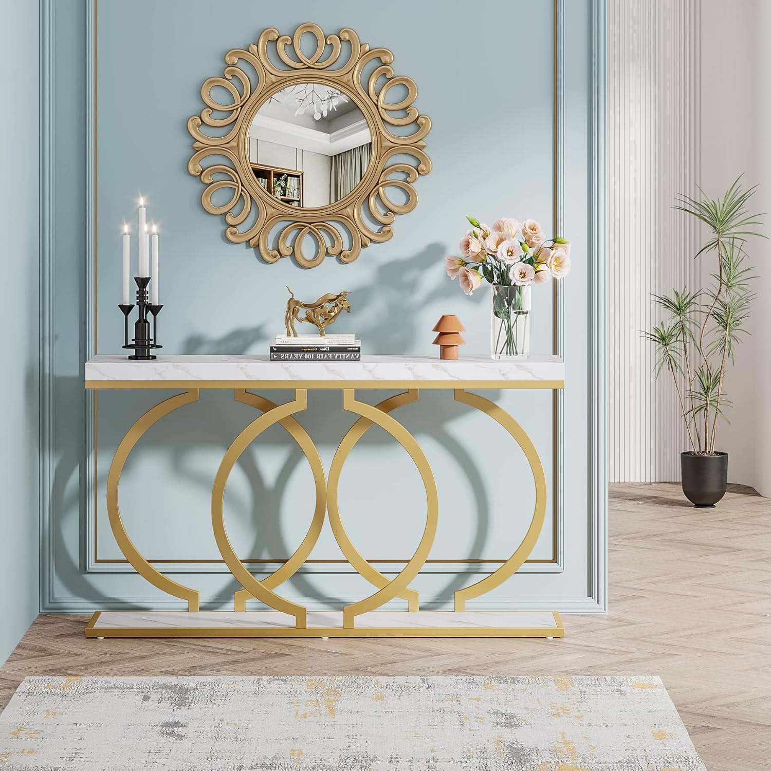 Tribesigns Gold Console Table, 55 inch Modern Entryway Table with Geometric Metal Frame, Faux Marble Narrow Long Sofa Table for Living Room, Entrance, Hallway, White and Gold