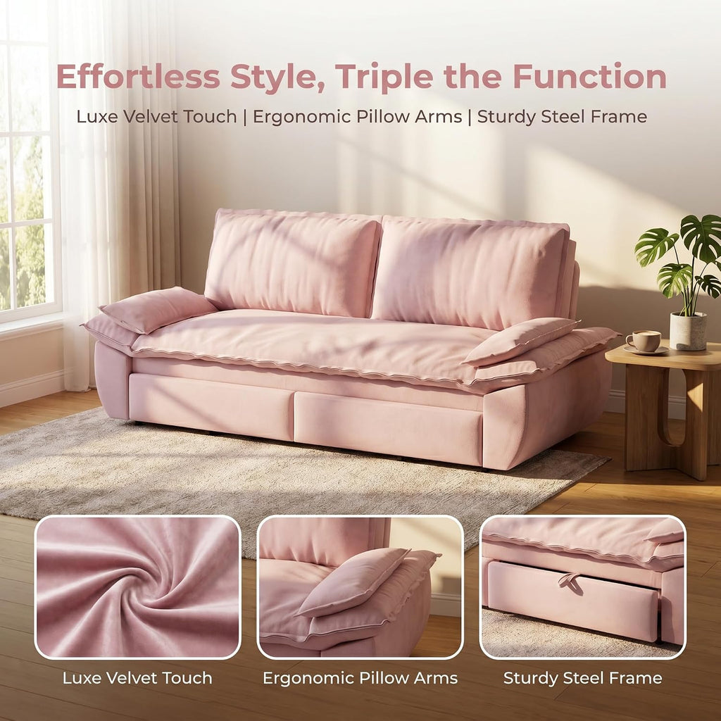 73.2' Sofa Bed Queen, 3-in-1 Pull Out Sofa Bed with Pillow Armrest, Modern Velvet Convertible Sleeper Futon Sofa for Living Room Small Space, Apartment, Bedroom, Pink
