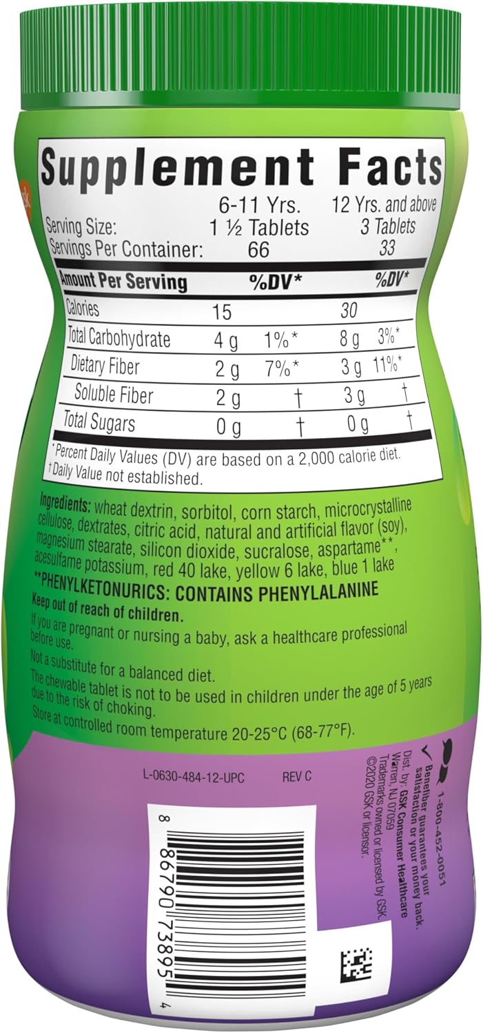 Benefiber Chewable Prebiotic GLP-1 Friendly Fiber Supplement Tablets for Digestive Health, Assorted Fruit Flavors - 100 Count (Pack of 12)