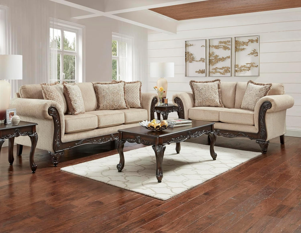 Hernen 2-Piece Living Room Set, Carved Wood Frame Sofa and Loveseat, Beige Wheat