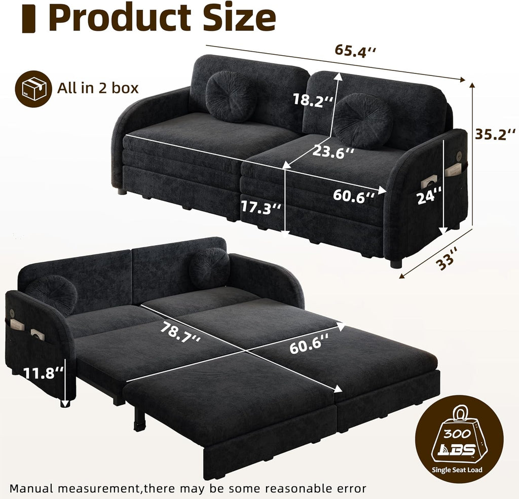 65.4'' Pull Out Couch Bed Queen Size, Chenille Sleeper Sofa Daybed, 3 in 1 Convertible Couches, Futon Sofa with 2 Pillows, Storage Pockets, USB, Loveseat for Small Spaces, Living Room, Black