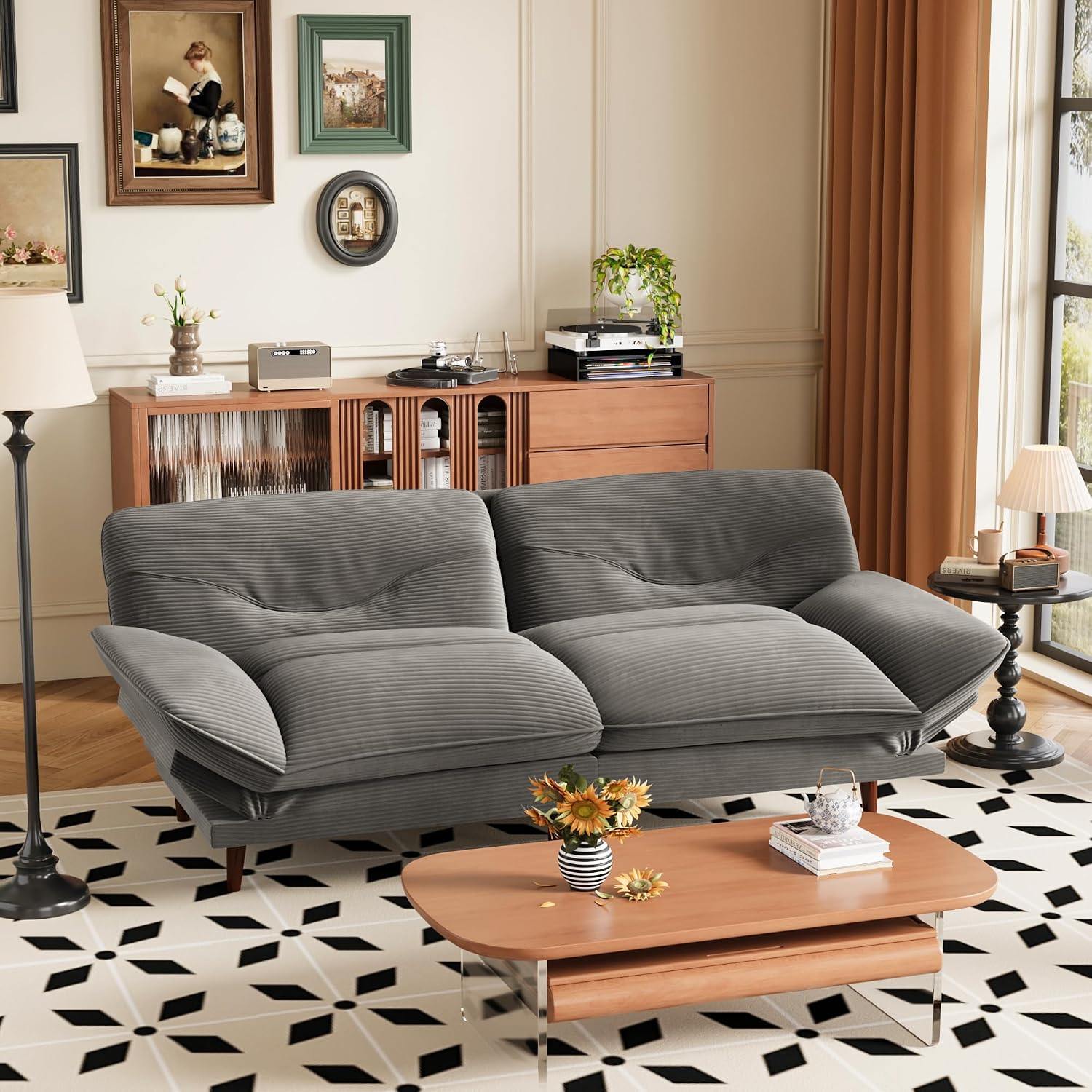 JUMMICO Convertible Futon Sofa Bed, Sleeper Futon Couch with Adjustable Backrest and Armrests, Modern Loveseat with Sturdy Wood Frame for Small Spaces, Apartments (Corduroy, Dove Gray)