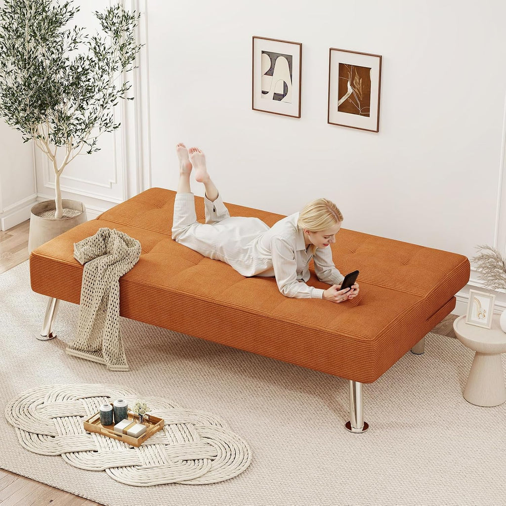 Furnimart Futon Sofa Bed, 66' Corduroy Convertible Futon Couch with 3-Position Adjustable Backrest, Solid Wood Frame Sleeper Sofa for Small Space, Living Room, Apartment, Office, Burnt Orange