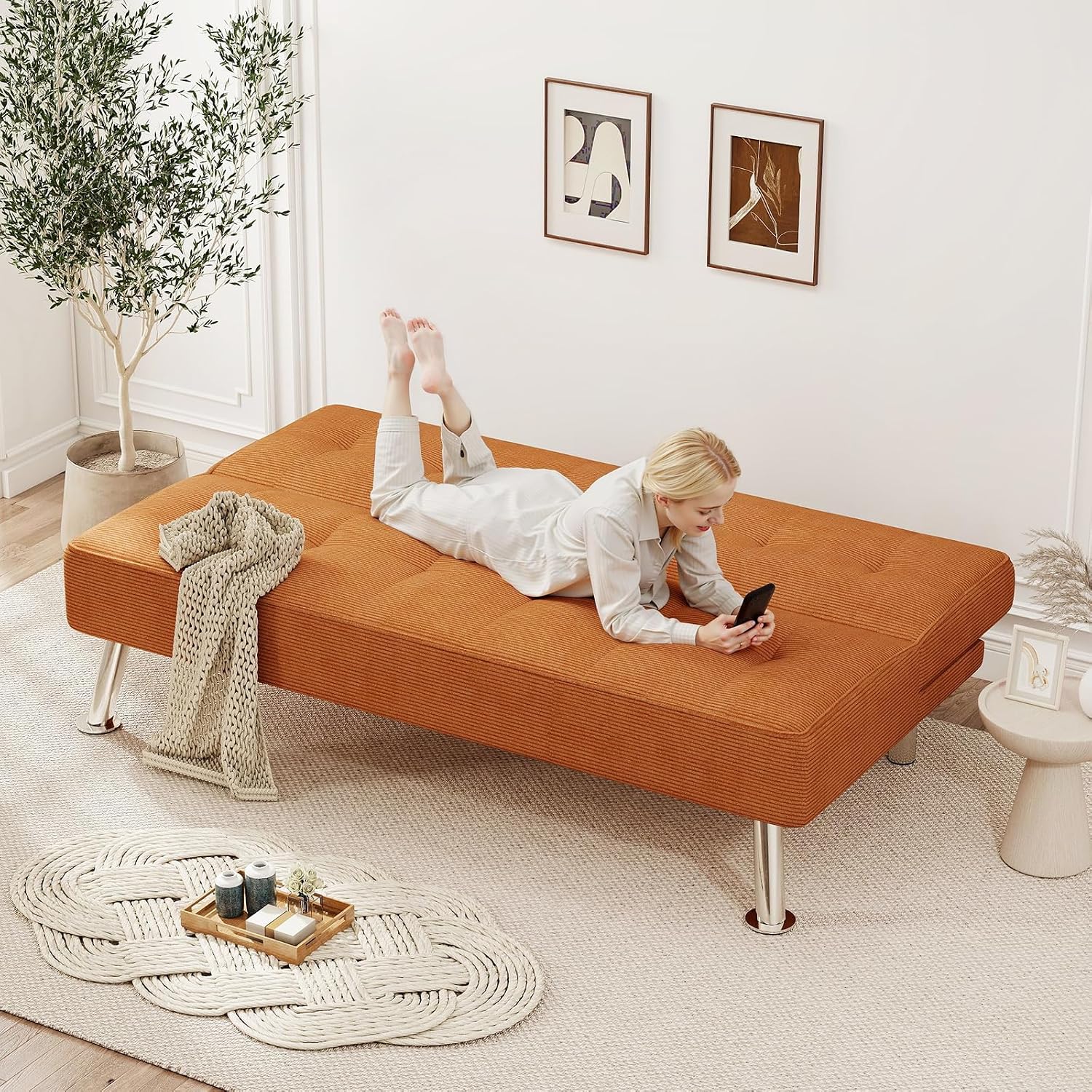 Furnimart Futon Sofa Bed, 66' Corduroy Convertible Futon Couch with 3-Position Adjustable Backrest, Solid Wood Frame Sleeper Sofa for Small Space, Living Room, Apartment, Office, Burnt Orange