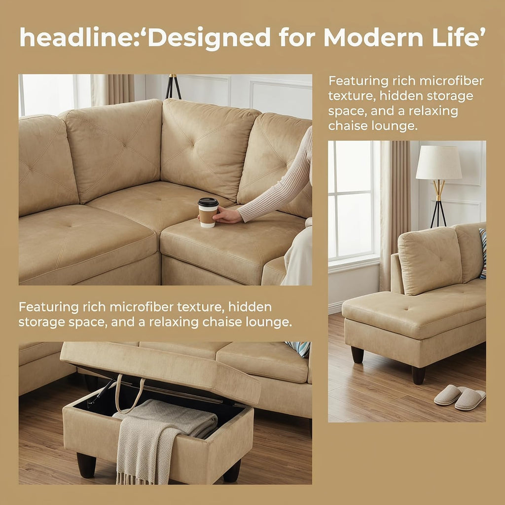 3-Piece L-Shaped Modular Leather Sofa – Convertible Sectional Couch with Movable Chaise & Storage Ottoman, Multi-Scene Use for Living Room, Apartment & Office, Beige