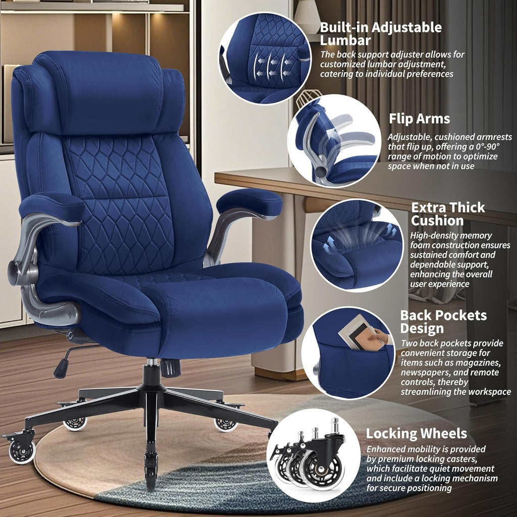 Office Chair with Locking Wheels, Ergonomic High Back Fabric Desk Chair with Adjustable Lumbar Support, Flip-Up Arms, Thick Padded Seat, 400lbs Heavy Duty for Home Office Adults
