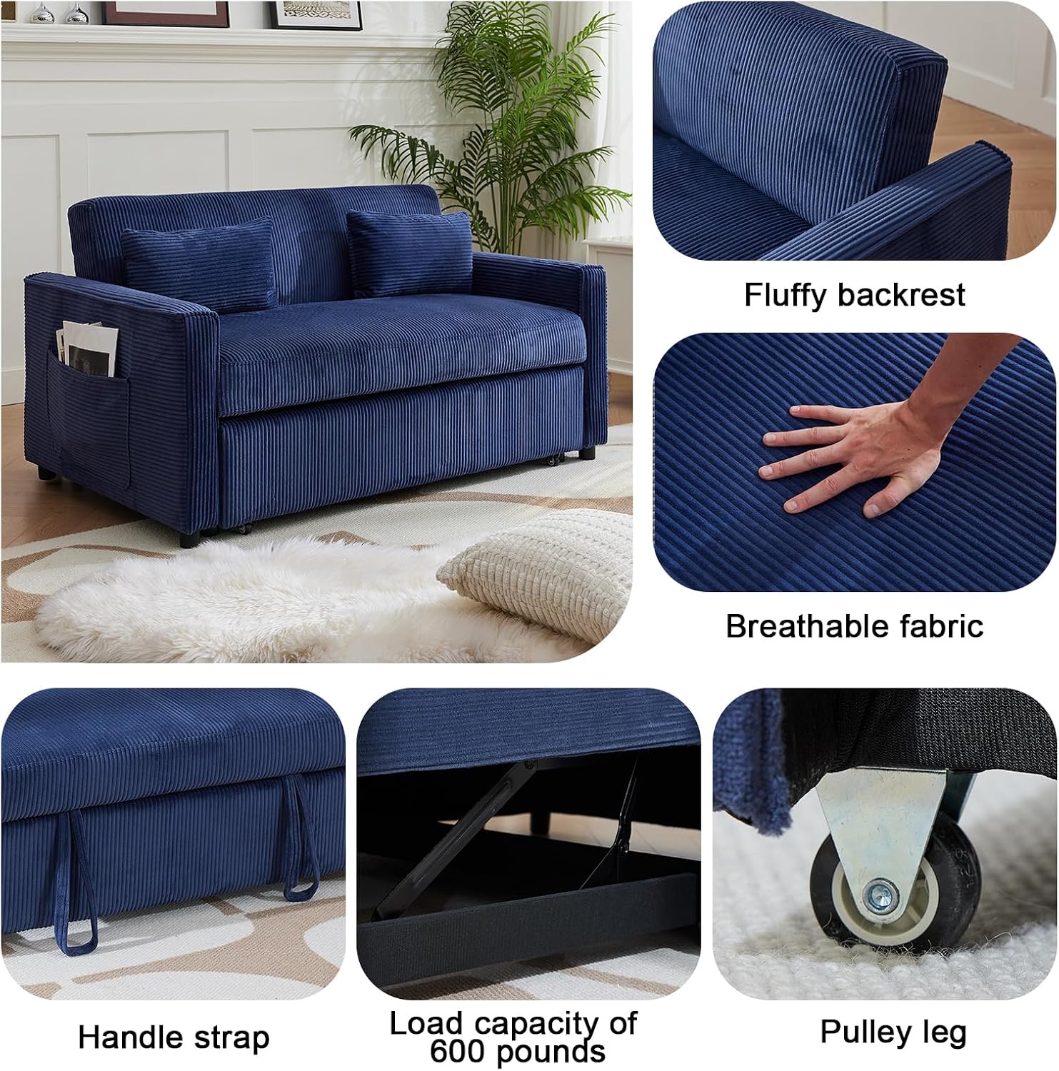 55.51' Sleeper Sofa Bed,Pull Out Couch with Side Pockets,3 in 1 Corduroy Fabric Loveseat Sleeper Sofa ,Pull Out Sofa Bed with Adjustable Backrest for Living Room, Bedroom, Apartment,（Navy Blue）