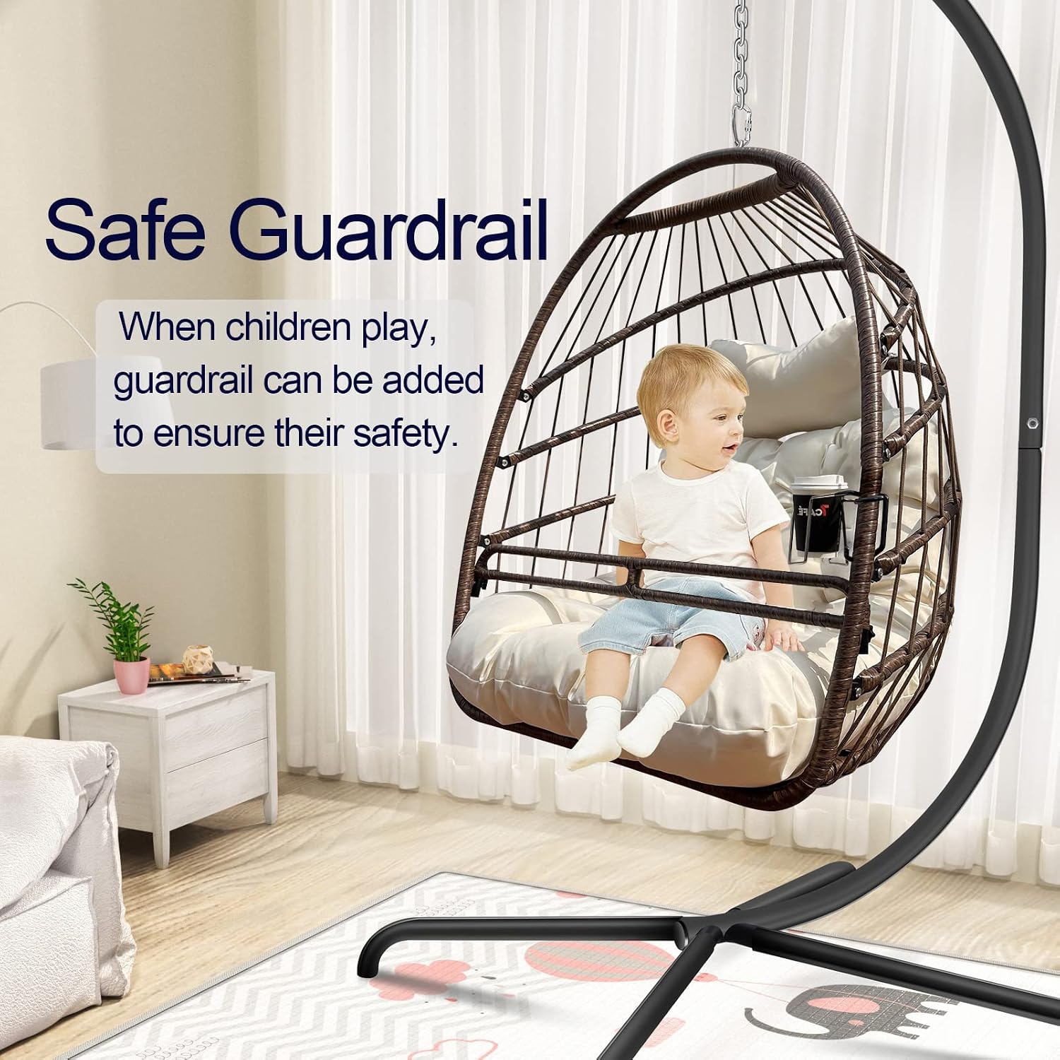 JESE Swing Egg Chair with Stand Wicker Wrap Frame UV Resistant Waterproof Cushion Hanging Chairs with Cup Holder 350lbs Capacity Swing Hammock Chairs for Patio Bedroom Indoor Outside-Khaki