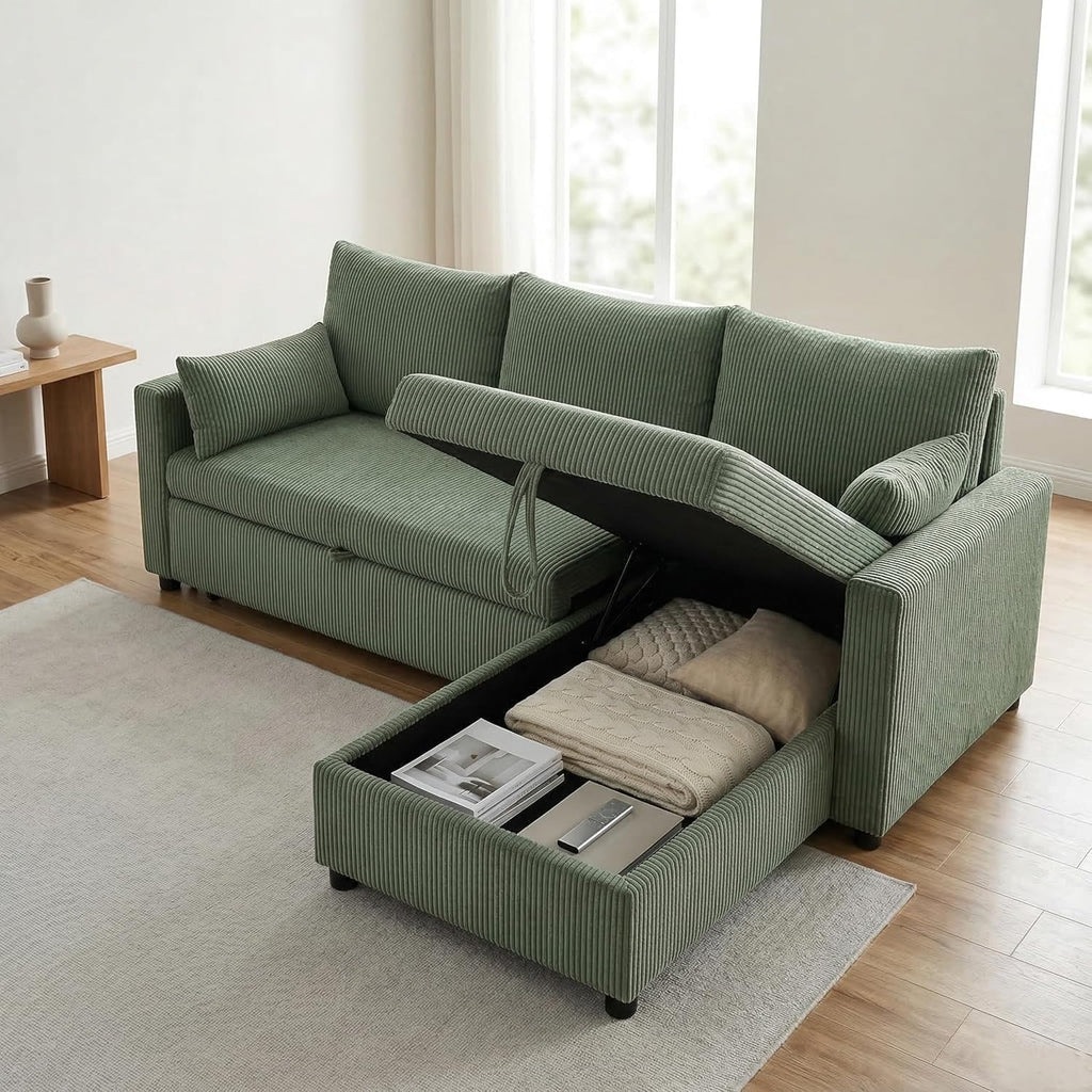 Queen Sleeper Sofa, Convertible Sofa Bed with Storage, 85 Inch Sectional Couch with Pull Out Bed, L Shaped 3 Seat Sectional Sleeper Sofa for Living Room, Apartment, Green