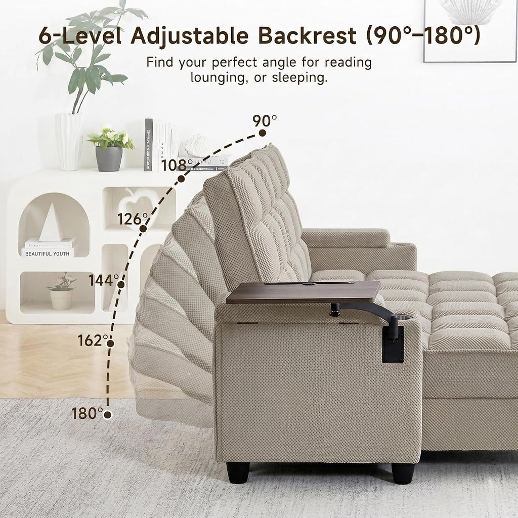 70.9' Chaise Lounge Chair Indoor, Oversized Boucle Upholstered Sofa Bed, Adjustable Backrest Deep Seat Reading Chair, Sofas Couches for Living Room with Storage, Cup Holders and 360° Swivel Side Table