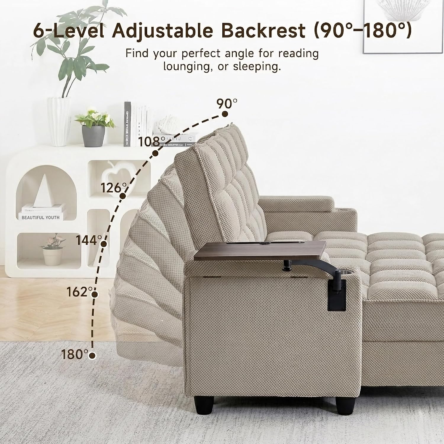 70.9' Chaise Lounge Chair Indoor, Oversized Boucle Upholstered Sofa Bed, Adjustable Backrest Deep Seat Reading Chair, Sofas Couches for Living Room with Storage, Cup Holders and 360° Swivel Side Table