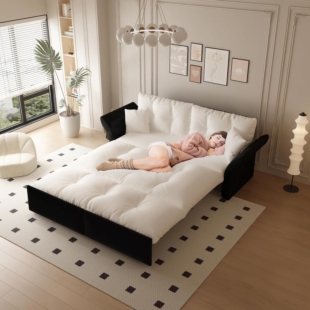 3-in-1 Multi-Functional Sleeper Sofa Bed Convertible Queen Size Pull Out Couch Bed, Tufted Velvet Cloud Loveseat with Pillow Armrest for Guest Room & Living Room