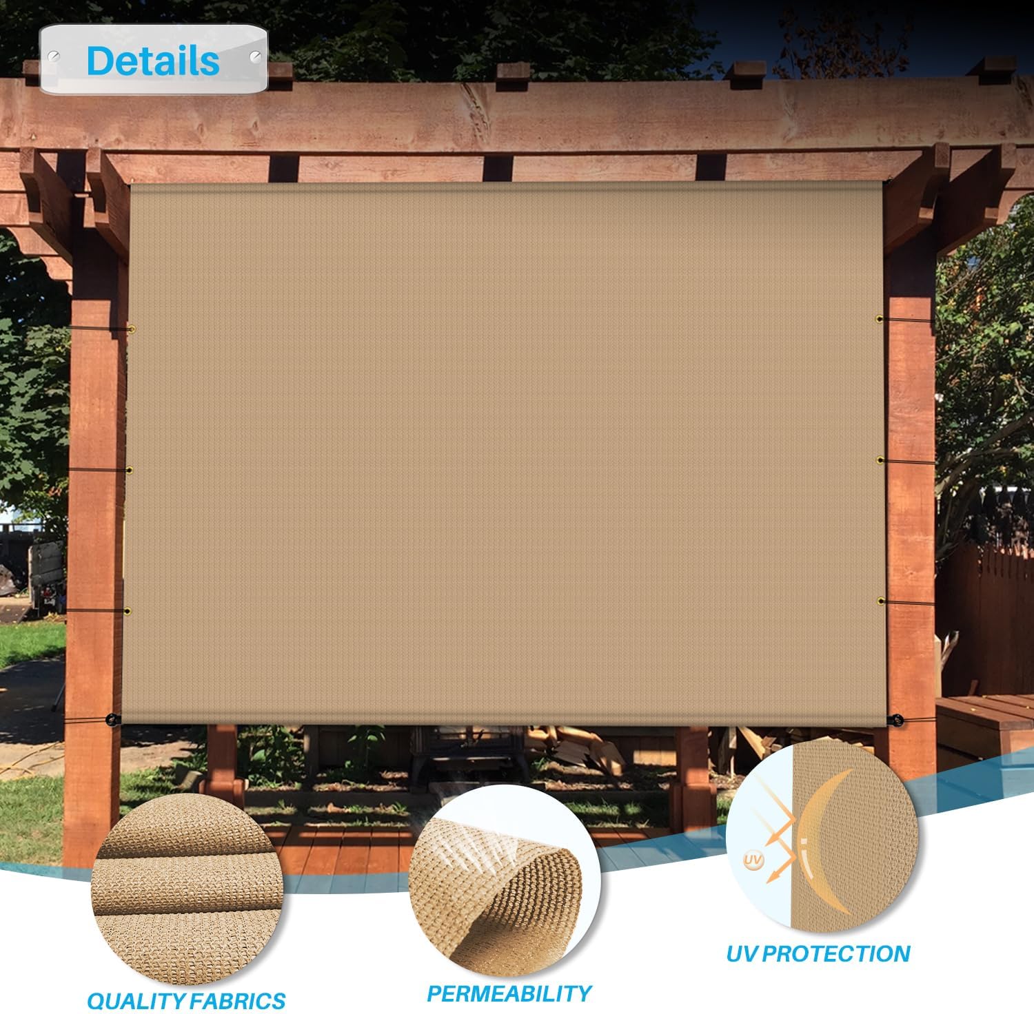 Patio Paradise 10' x 16' Pergola Canopy Replacement Cover Shade Cloth with Grommets Weighted Rods Outdoor Sun Shade Screen UV Block for Gazebo Backyard Deck Porch Balcony, Sand