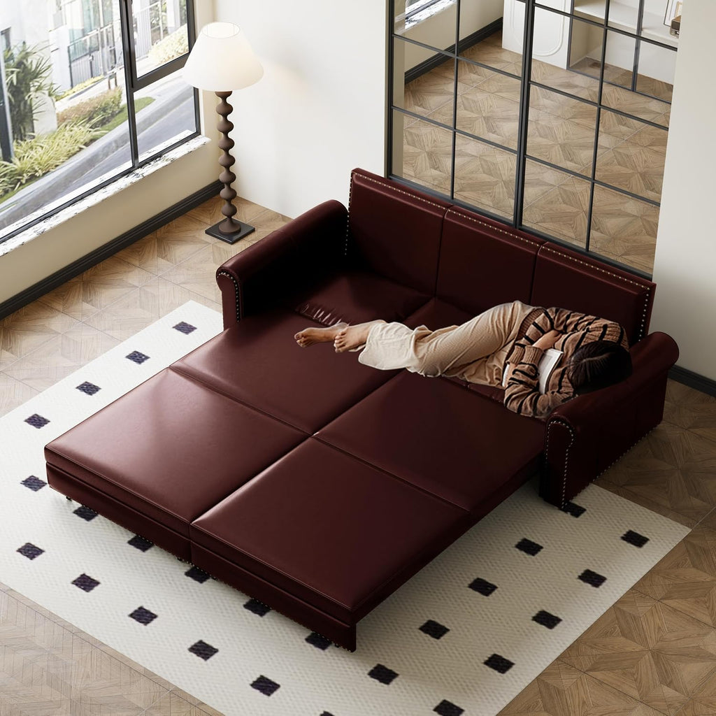 93.7' King Pull Out Sofa Bed, Faux Leather Sleeper Sofa Couch, 3 in 1 Convertible Futon Couches for Living Room, Small Space, Apartment, Office, Bedroom, Modern Rivet Armrest, Burgundy