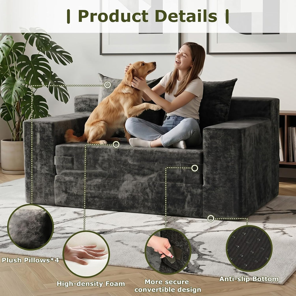 Boneless Couch Loveseat Sleeper, Convertible Sofa Bed Folding Couch Bed, Boneless Chair Bed & Futon Sofa Bed, Small Pull Out Couch Foldable with 4 Pillows for Living Room, Dark Grey