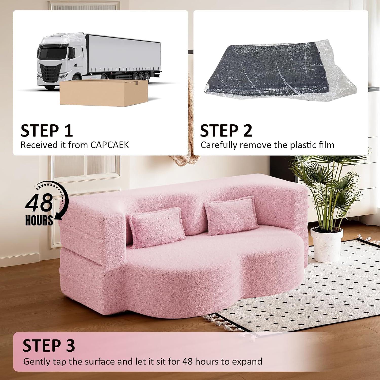 CAPCAEK Folding Foam Sofa Bed,15' Full Size Floor Couch,Convertible Teddy Fabric Foam-Filled Sleeper Futon Loveseat Couch for Living Room, Guest Use, Office, Apartmen (Pink)