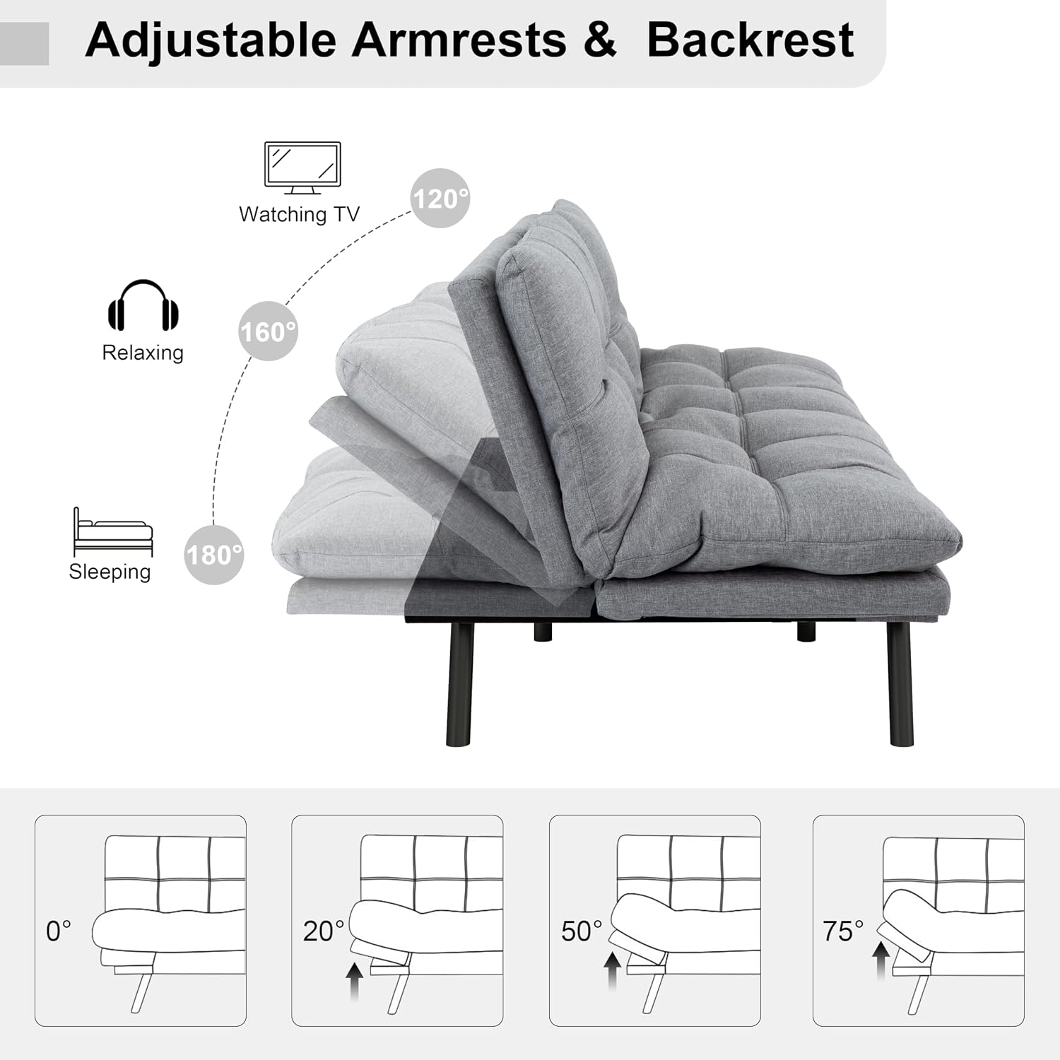 MUUEGM 71' Futon Sofa Bed, Comfortable Memory Foam Futons Sofa with Adjustable Backrest & Armrests, Convertible Loveseat Futon Bed for Compact Living Room, Apartment, Office, Grey