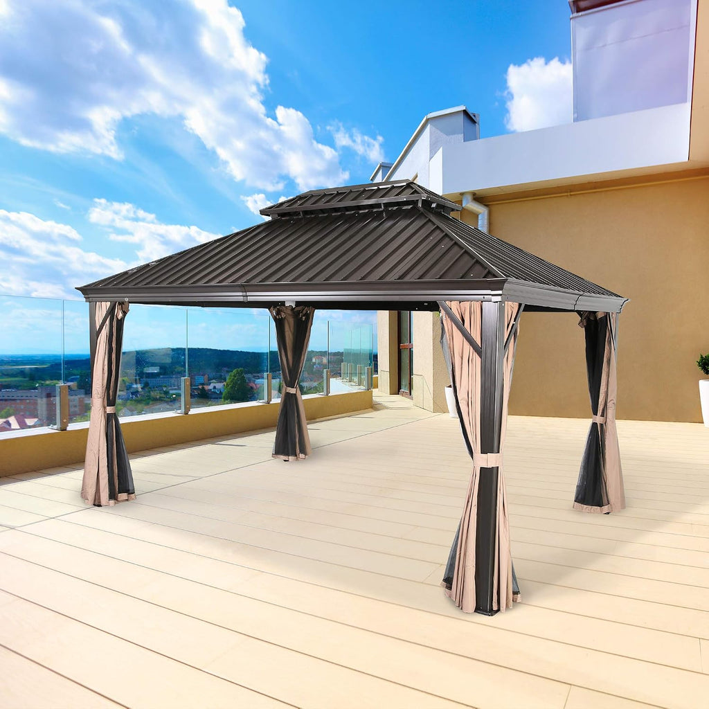 PATIO TREE 10' x 12' Aluminum Frame Outdoor Gazebo Tent with Mosquito Net and Polyester Curtain