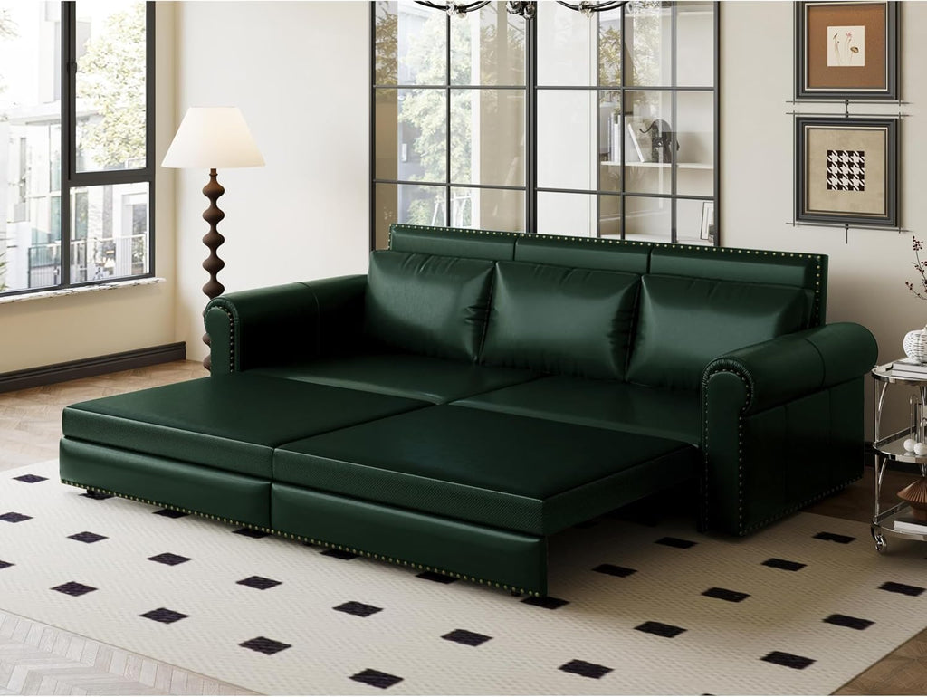 93.7' King Pull Out Sofa Bed, Faux Leather Sleeper Sofa Couch, 3 in 1 Convertible Futon Couches for Living Room, Small Space, Apartment, Office, Bedroom, Modern Rivet Armrest, Green