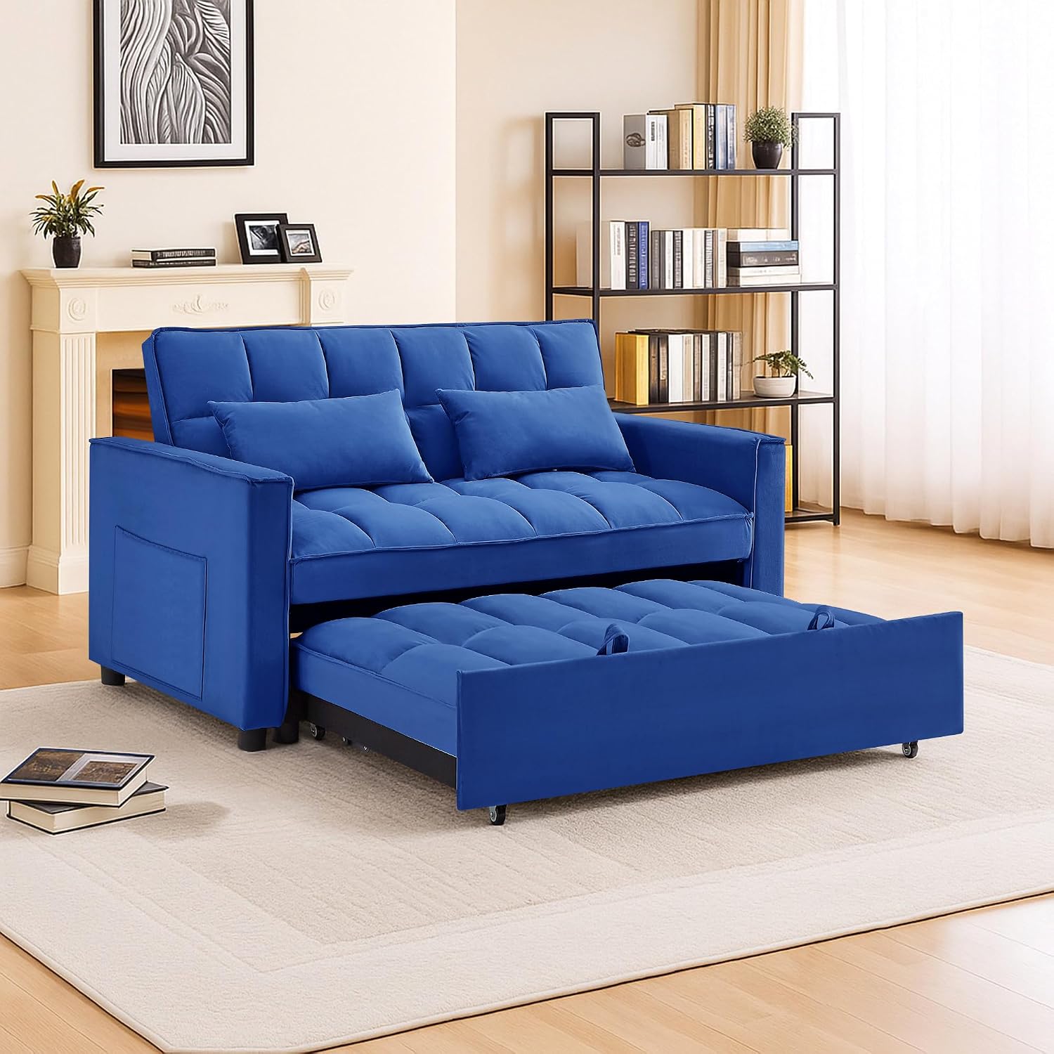 3 in 1 Convertible Sleeper Sofa Bed,Futon Pull Out Couch with Adjustable Backrest,Velvet Fabric Loveseat Sofa with Side Pocket for Bedroom, Living Room