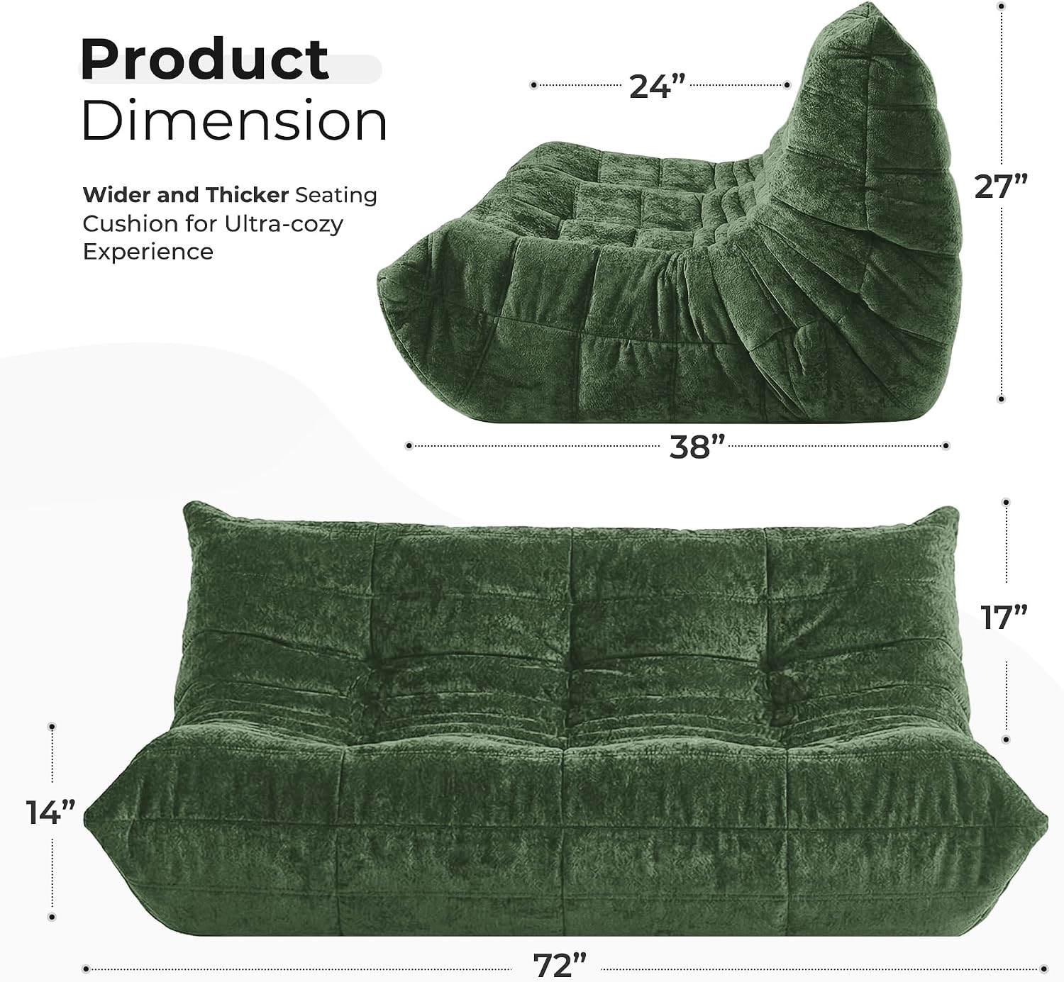 HABUTWAY Bean Bag Chair, Giant Bean Bag Chairs for Adults, 3 Seater Fireside Chair, Lazy Large Floor Bean Bag Sofa for Living Room, Bedroom, Dorm, Office (Green)