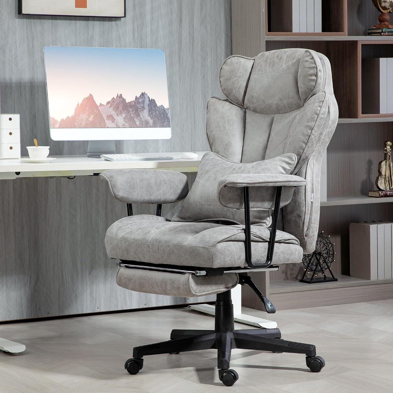Ergonomic Office Chair with Footrest, 400LBS Big and Tall Computer Desk Chair, Reclining Swivel Rolling Wheels Comfy Gaming Chair for Adults, Home Office Furniture, Bedroom,Gray