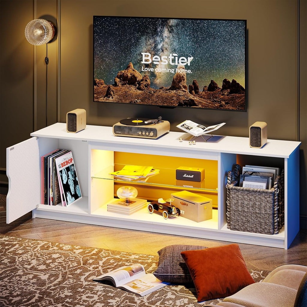 Bestier Gaming LED TV Stand for 65 Inch TV, Entertainment Center with Cabinet for PS5 Xbox, Modern TV Console for Living Room Bedroom, Adjustable Glass Shelves, Carbon Fiber White