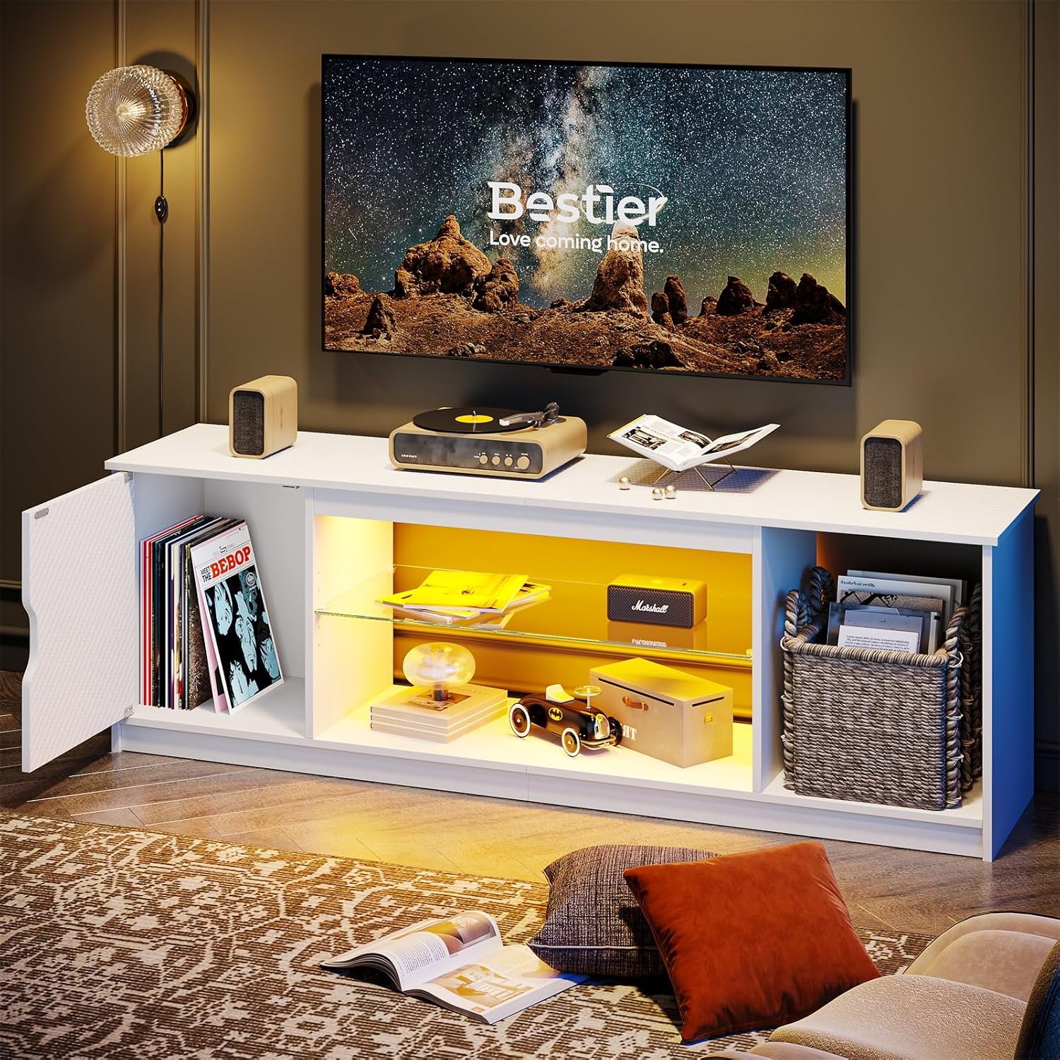 Bestier Gaming LED TV Stand for 65 Inch TV, Entertainment Center with Cabinet for PS5 Xbox, Modern TV Console for Living Room Bedroom, Adjustable Glass Shelves, Carbon Fiber White