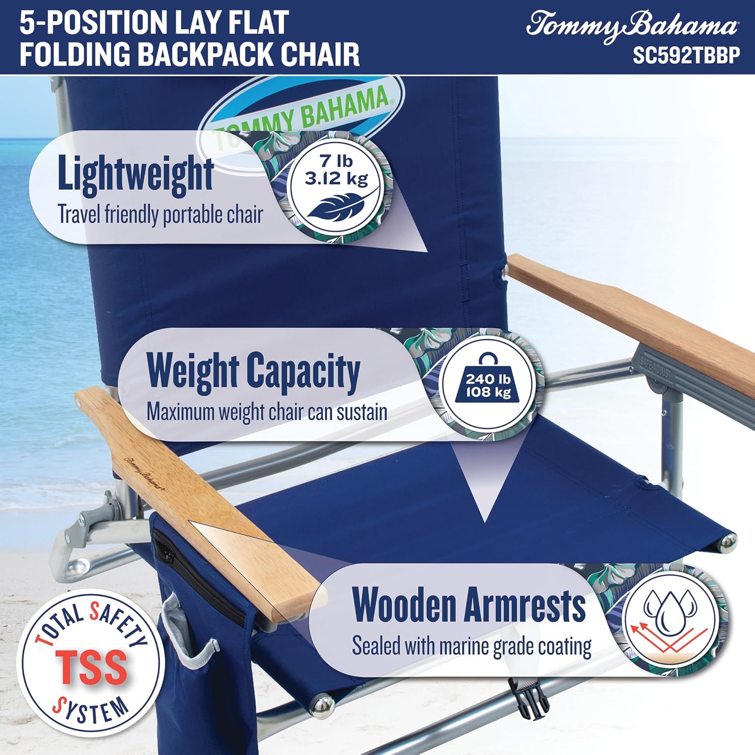 Tommy Bahama 2-Pack 5-Position Classic Lay Flat Backpack Beach Chair with Cooler and Cup Holder, Portable Folding Beach Chair for Tanning, Red/White/Blue