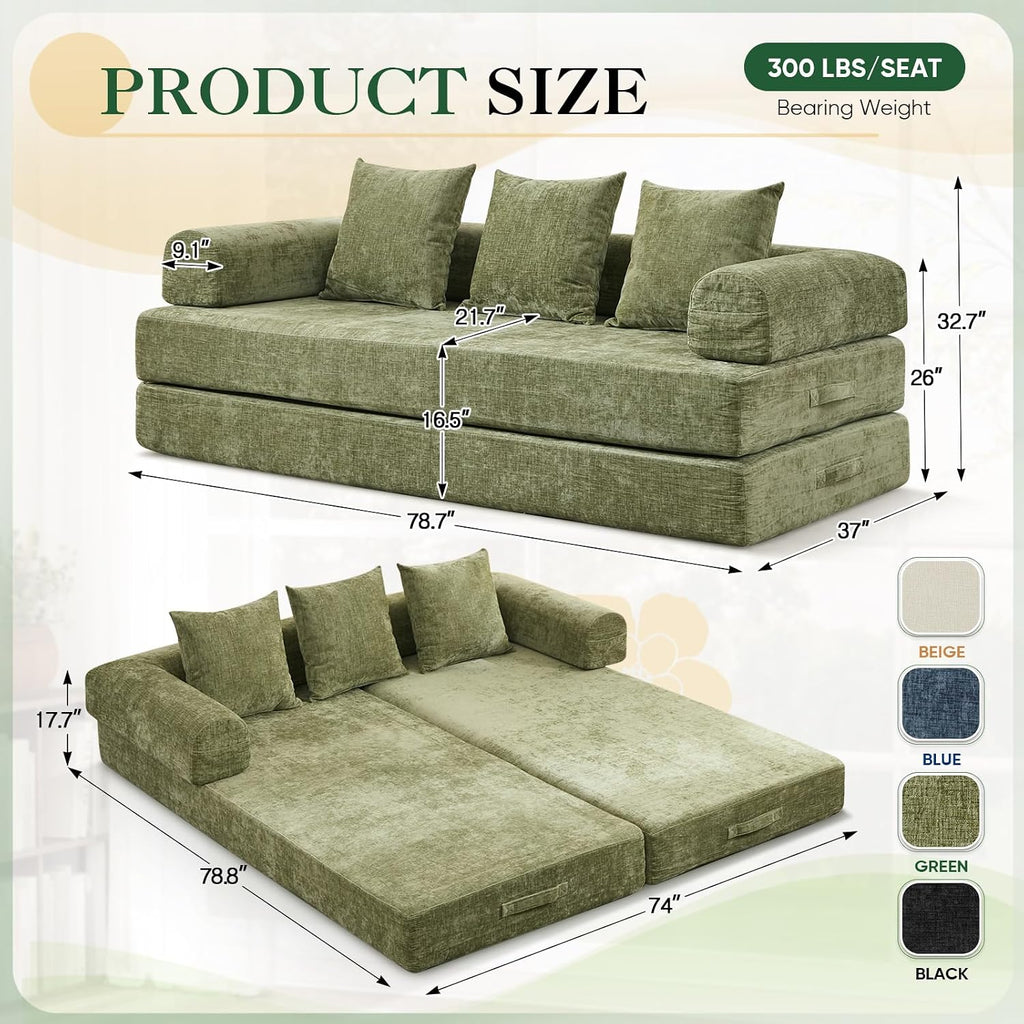 Deolme 3 in 1 Convertible Futon Sofa Bed, Modern King Size Chenille Loveseat Sleeper Sofa Folding, 3-Seater Foldable Lounger Couch Bed for Living Room, Bedroom Guest Room (Green, 3 Throw Pillows)
