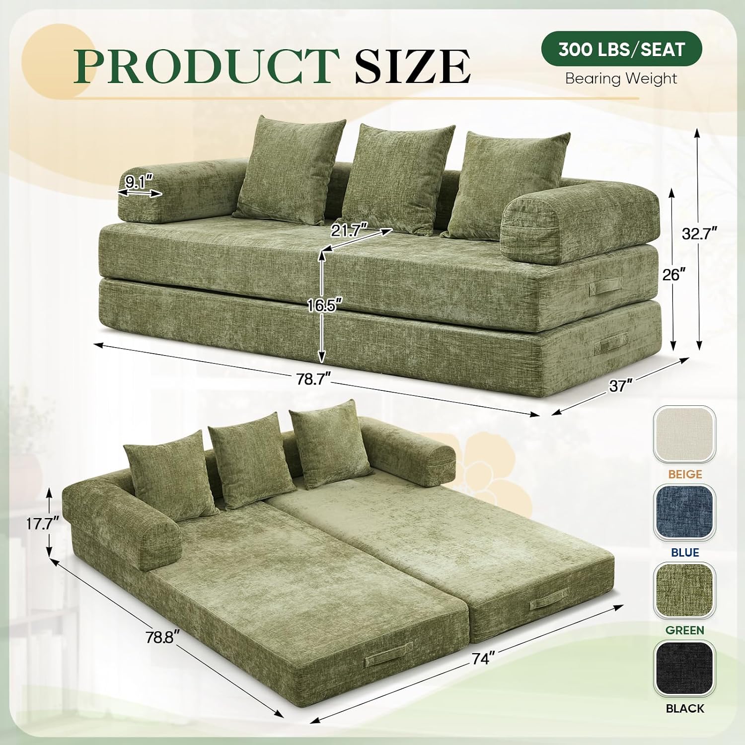 Deolme 3 in 1 Convertible Futon Sofa Bed, Modern King Size Chenille Loveseat Sleeper Sofa Folding, 3-Seater Foldable Lounger Couch Bed for Living Room, Bedroom Guest Room (Green, 3 Throw Pillows)