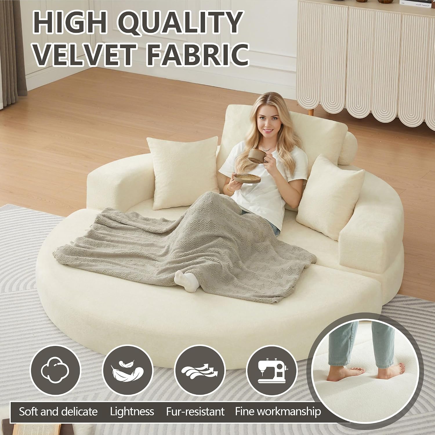 71' Boneless Couch Sofa Bed Oversized Round Couch 2-in-1 Foldable Floor Loveseat Sofa for Living Room and Apartment No Assembly (Beige, 71')