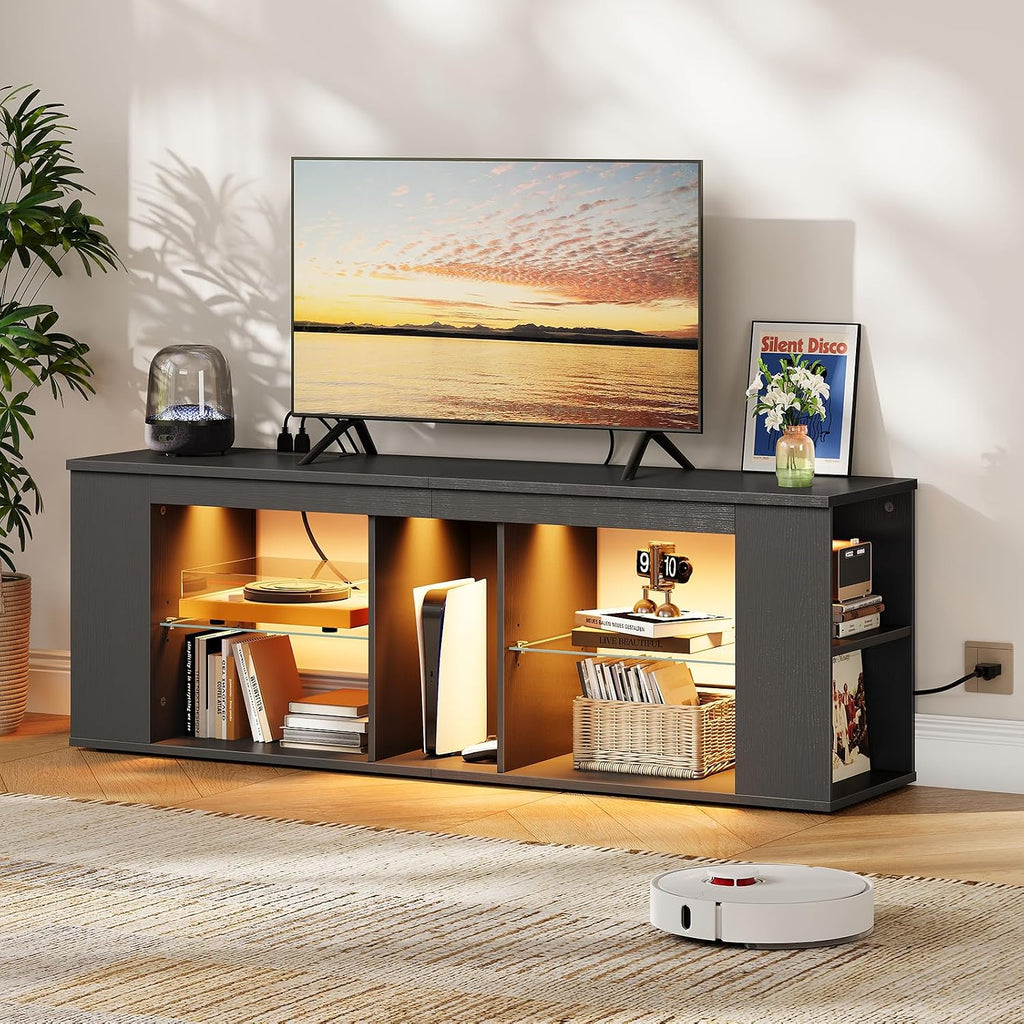 CHOEZON 55' TV Stand for up to 65' TVs with RGB LED Lights, Built-in Power Outlet, Adjustable Glass Shelves & Open Storage, Modern Media Console for Living Room & Game Room, Black MDS05UDBB