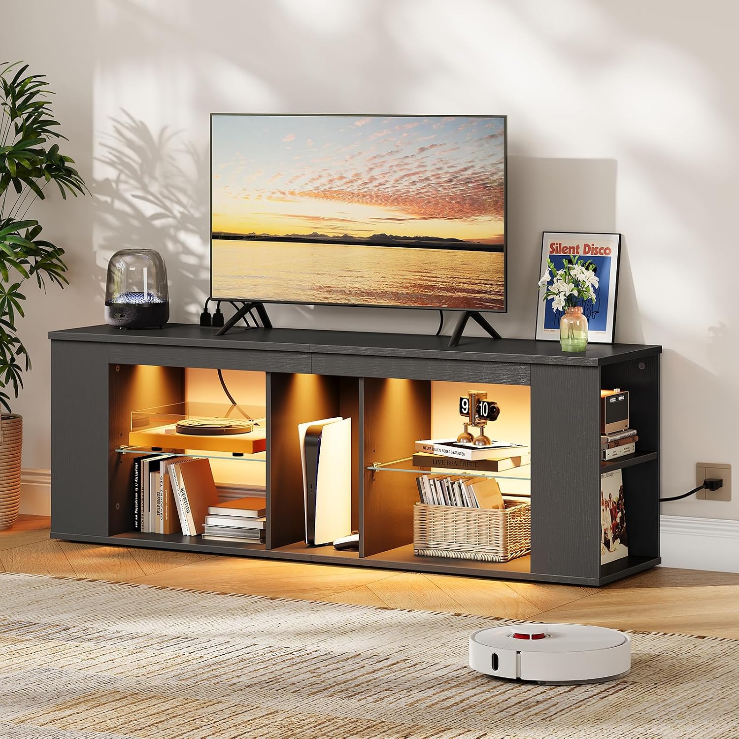 CHOEZON 55' TV Stand for up to 65' TVs with RGB LED Lights, Built-in Power Outlet, Adjustable Glass Shelves & Open Storage, Modern Media Console for Living Room & Game Room, Black MDS05UDBB