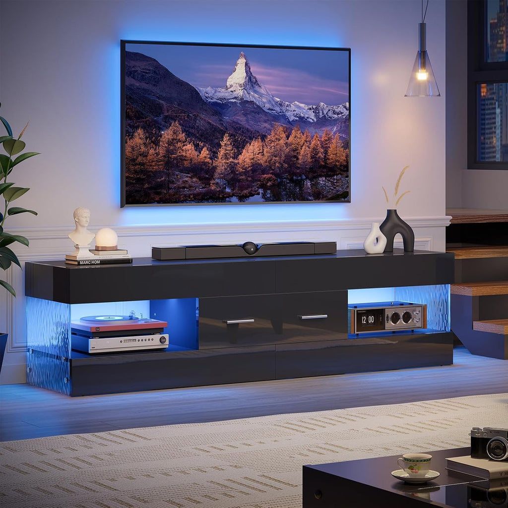 Bestier Black TV Stand for 55/60/65 Inch TV, High Gloss Modern TV Stand with Stone-Patterned Side Panels, LED Entertainment Center with Large Drawer, TV Consoles for Living Room, Bedroom