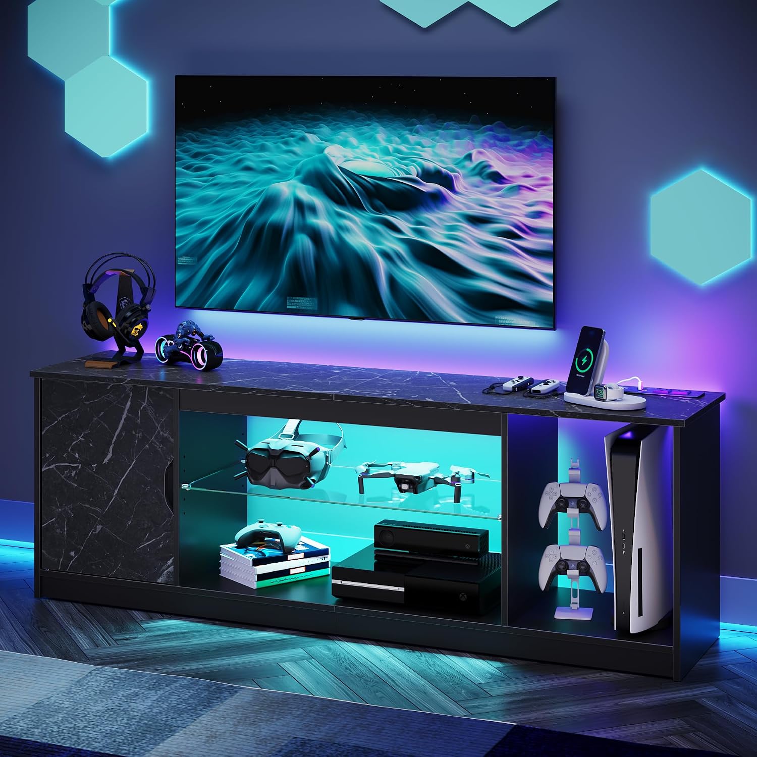 Bestier TV Stand with Power Outlets for Bedroom, Gaming TV Stand for 65inch TV, Black Entertainment Center for PS5, TV Console with Adjustable Glass Shelves for Living Room, Black Marble