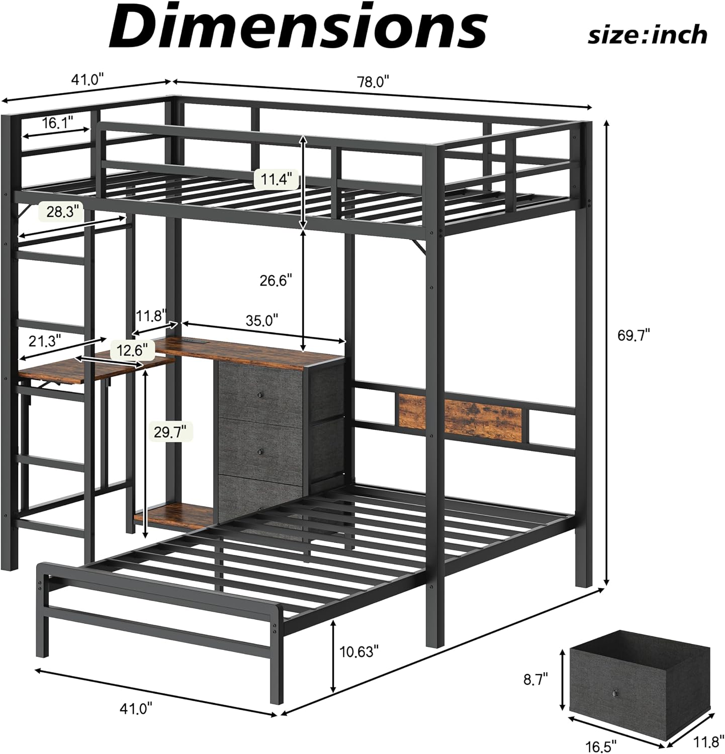 Bellemave Twin Over Twin bunk Bed with Desk and LED Charging Station, loft Bed with Desk and Shelves 3 Storage Drawers, Twin Metal Bunk Beds with Storage, Black