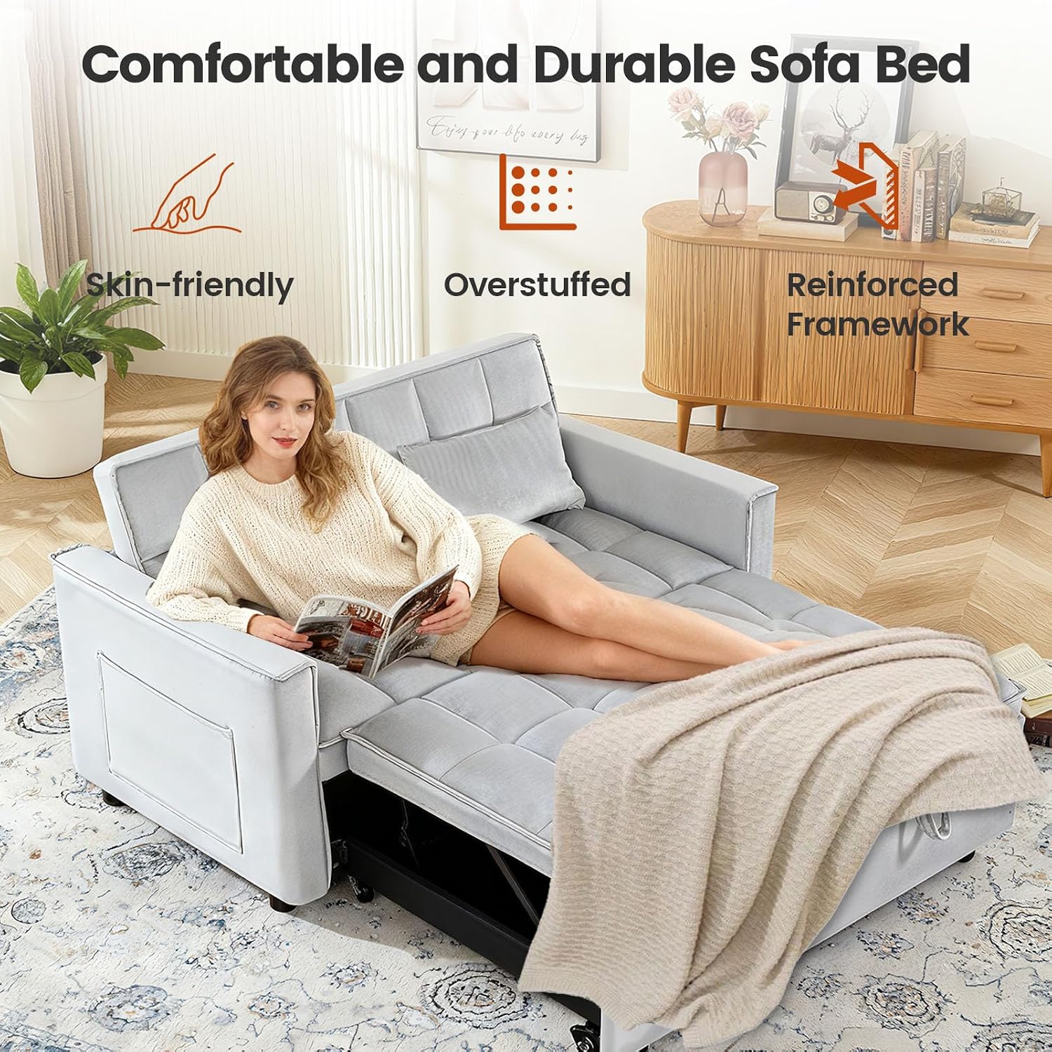 Convertible Sleeper Sofa Bed, Loveseat Sleeper Sofa with Large Side Pockets, Pull Out Sofa Bed with 3 Position Adjustable Backrest, 3 in 1 Velvet Couch Bed for Small Spaces, Apartment, Gray