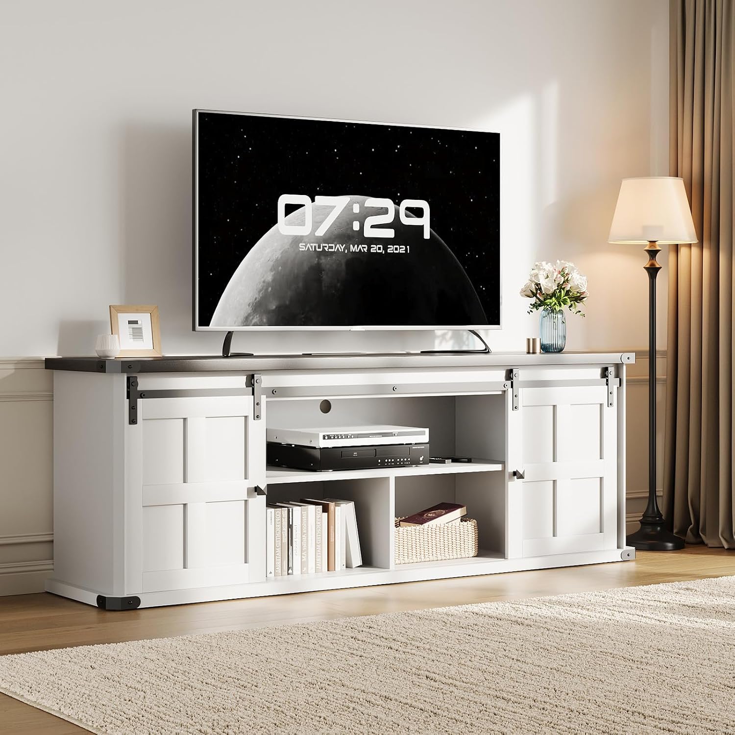 Garvee 70 in TV Stand for 75 in TVs, Farmhouse Entertainment Center and Media Furniture with Sliding Barn Doors & Storage Cabinets, Mid Century Modern TV Console Table for Living Room Bedroom