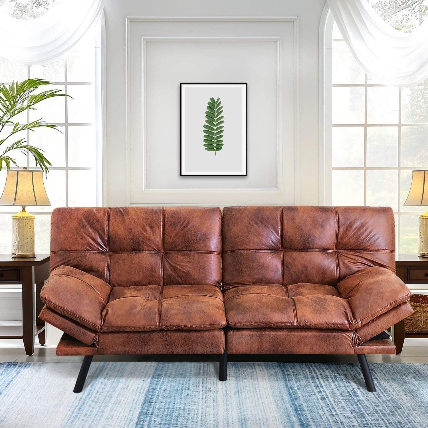 MUUEGM 71' Futon Sofa Bed, Convertible Couch Filled with Memory Foam, Modern Loveseat with Adjustable Backrest&Armrest, Sofas for Living Room,Game Room,Dormitory,Office.Brown Leather