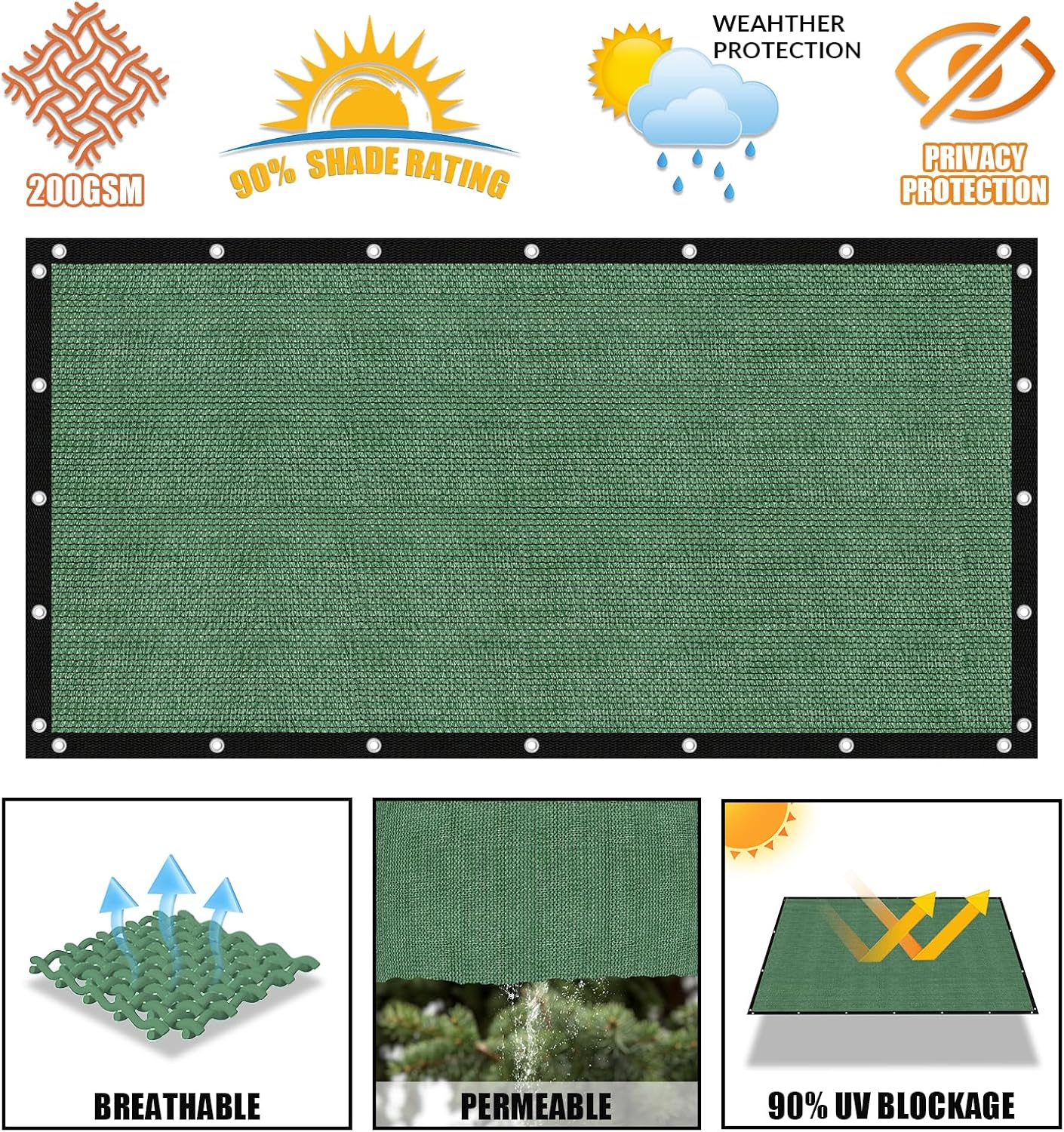 Amagenix 90% Pergola Shade Cover 14' X 20' Sun Shade Cloth with Grommets for Outdoor Garden Patio Porch, Commercial Grade 200 GSM - Cable Zip Ties Included (We Customized) GN03, Green