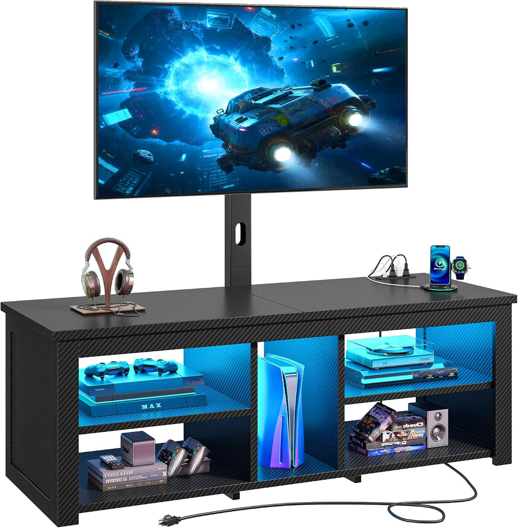 TV Stand with Mount for 55/65 Inch TVs,Wood TV Stands for Living Room with Power Outlet & LED Entertainment Center Gaming Console for Bedroom, Height Adjustable Swivel TV Mount, Carbon Fiber Black