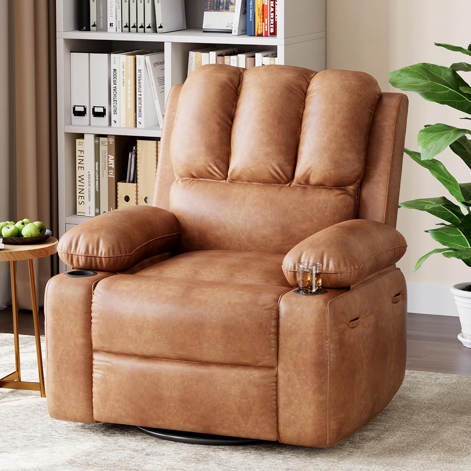 22'' Electric Recliner Chair for Adults, Swivel Rocker Recliner with Massage and Heat, Pu Leather Single Sofa with Cup Holder and Side Pocket, for Living Room, Bedroom, Vintage Leather