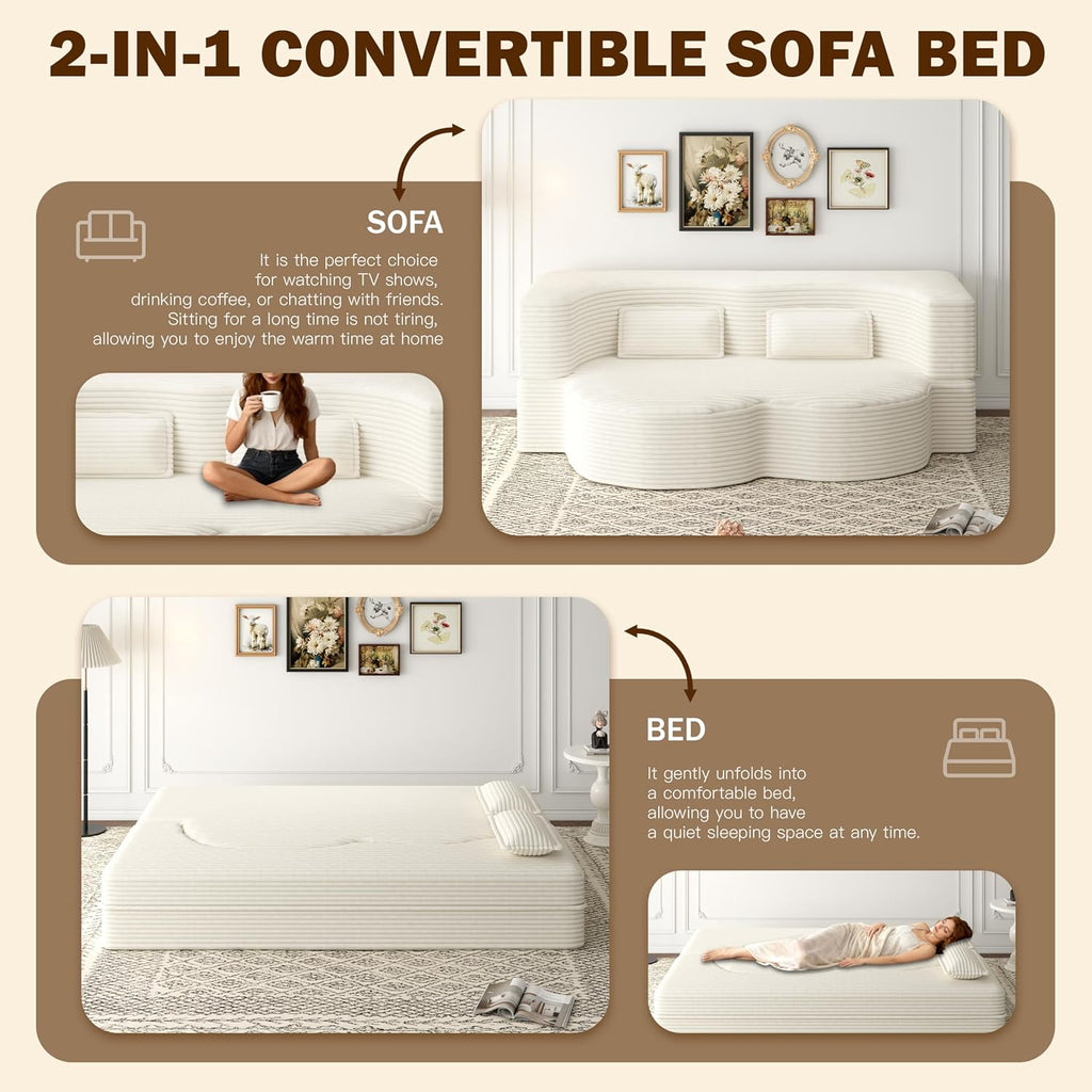 CAPCAEK 78' Folding Floor Sofa Bed Queen, Full Size Folding Mattress Boneless Couch for Living Room, 15' Seat Height Convertible Teddy Fabric Foam-Filled Loveseat Sleeper Sofa Bed