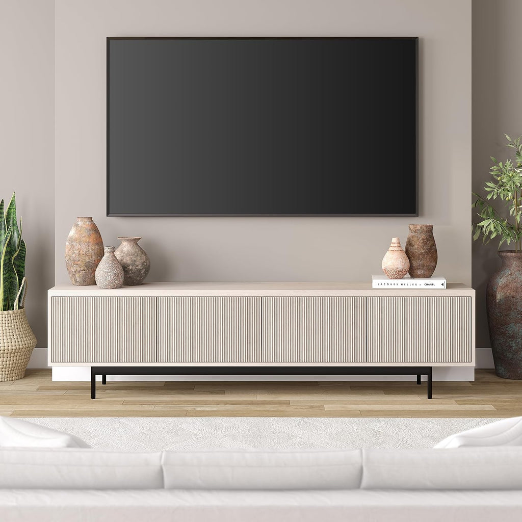 Henn&Hart Fluted TV Stand for TVs up to 85' with 2 Open-Concept Ribbed Storage Cabinets for Living Room, Family Room, or Office, Beech White