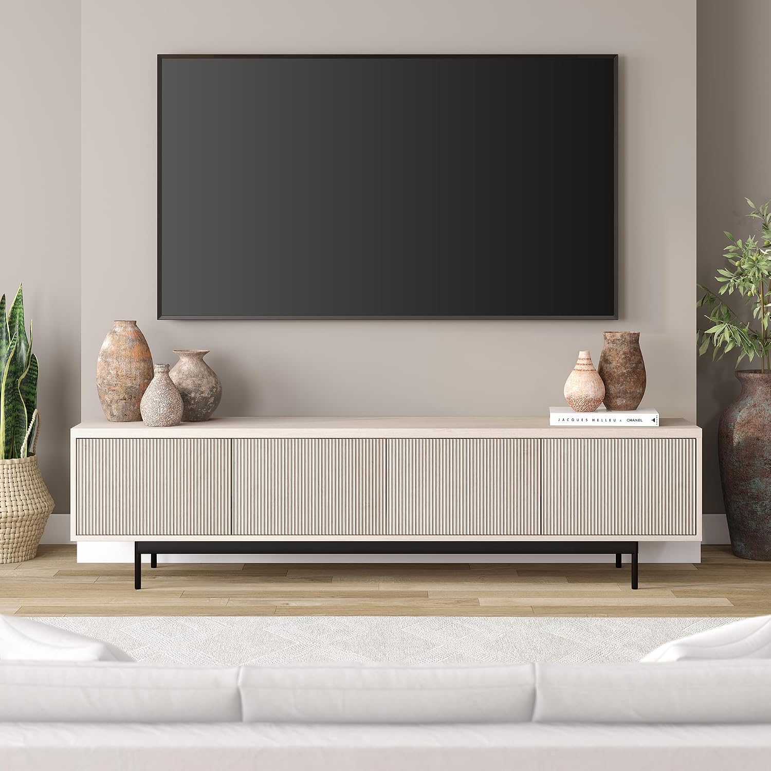 Henn&Hart Fluted TV Stand for TVs up to 85' with 2 Open-Concept Ribbed Storage Cabinets for Living Room, Family Room, or Office, Beech White